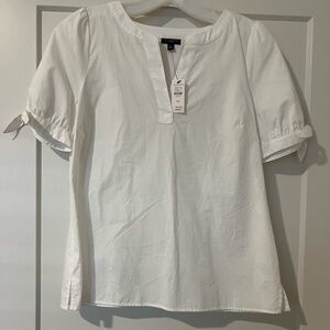 Talbots Petite White Cotton Split-Neck Short Sleeve Top with Tie Sleeves